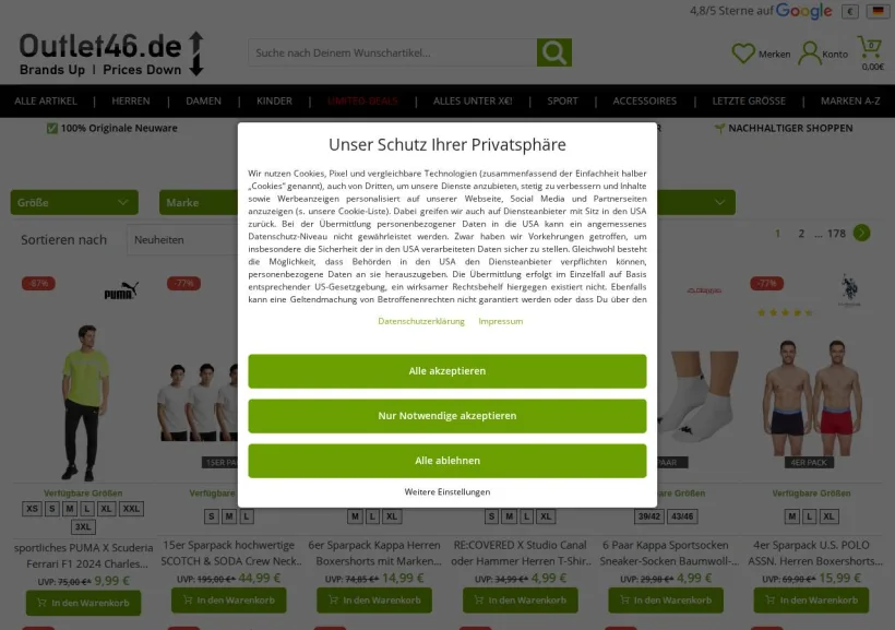 Schermata della pagina offerta di Outlet46
