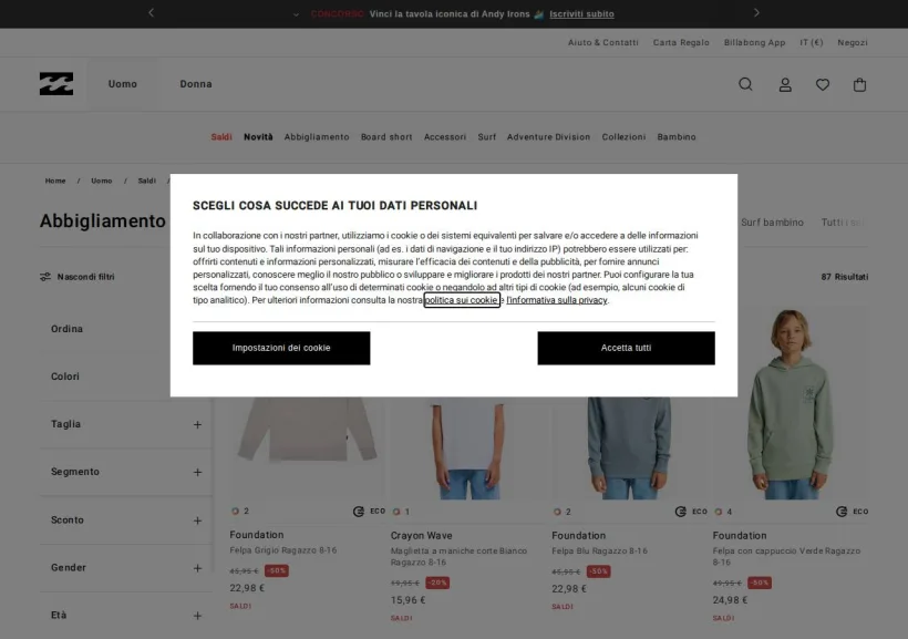 Schermata della pagina offerta di Billabong