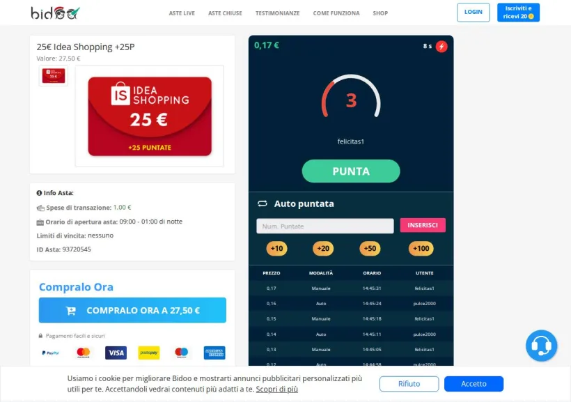 Schermata della pagina offerta di Bidoo