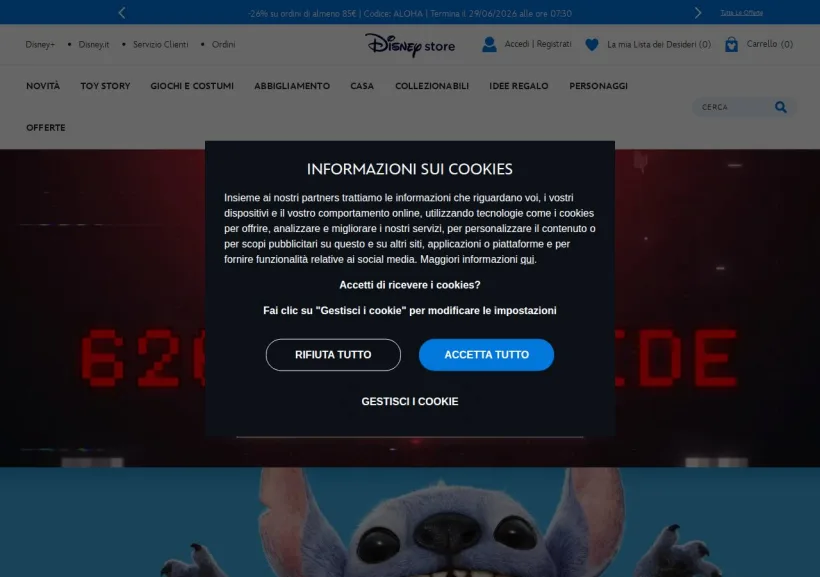 Schermata della pagina offerta di Shop Disney