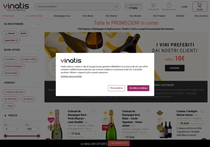 Schermata della pagina offerta di Vinatis