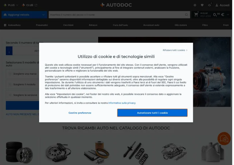 Schermata della pagina offerta di Autodoc