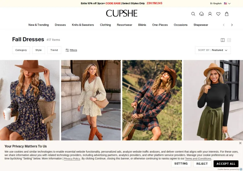 Schermata della pagina offerta di Cupshe