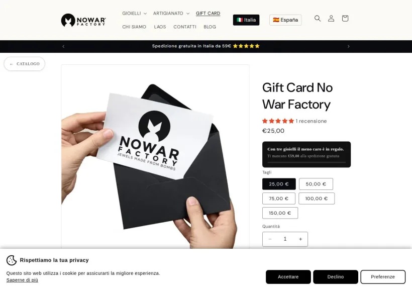 Schermata della pagina offerta di No War Factory