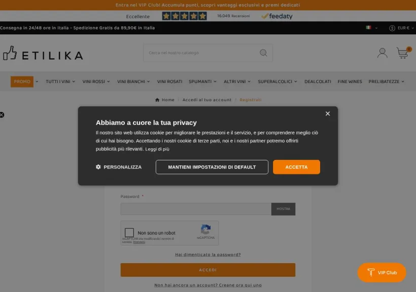 Schermata della pagina offerta di Etilika