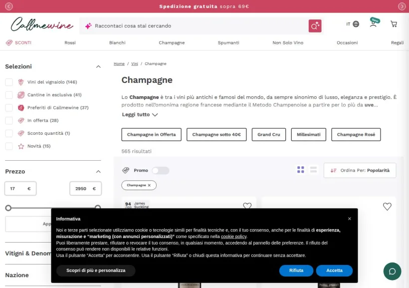 Schermata della pagina offerta di Callmewine