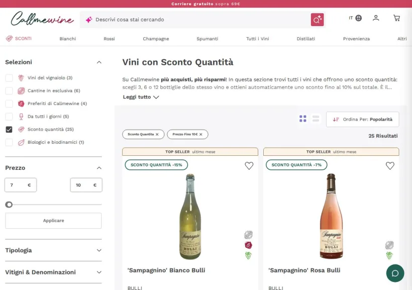 Schermata della pagina offerta di Callmewine