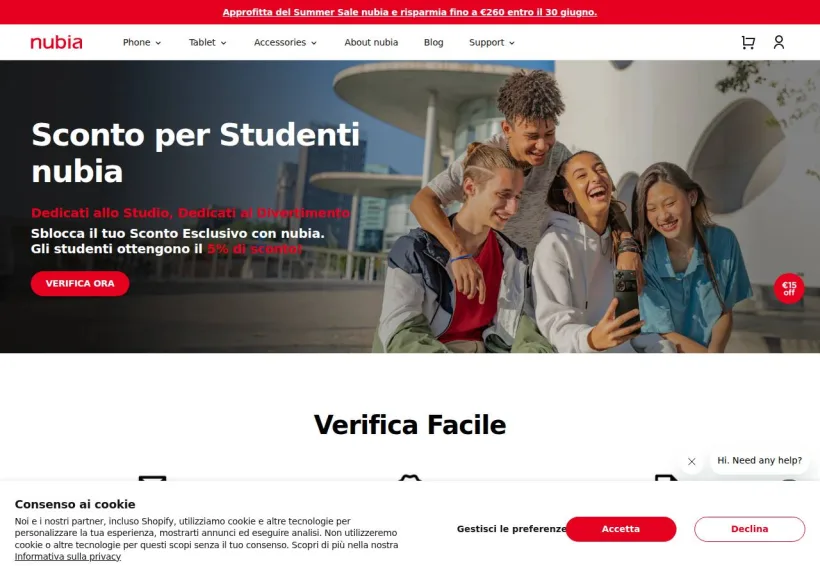 Schermata della pagina offerta di Nubia