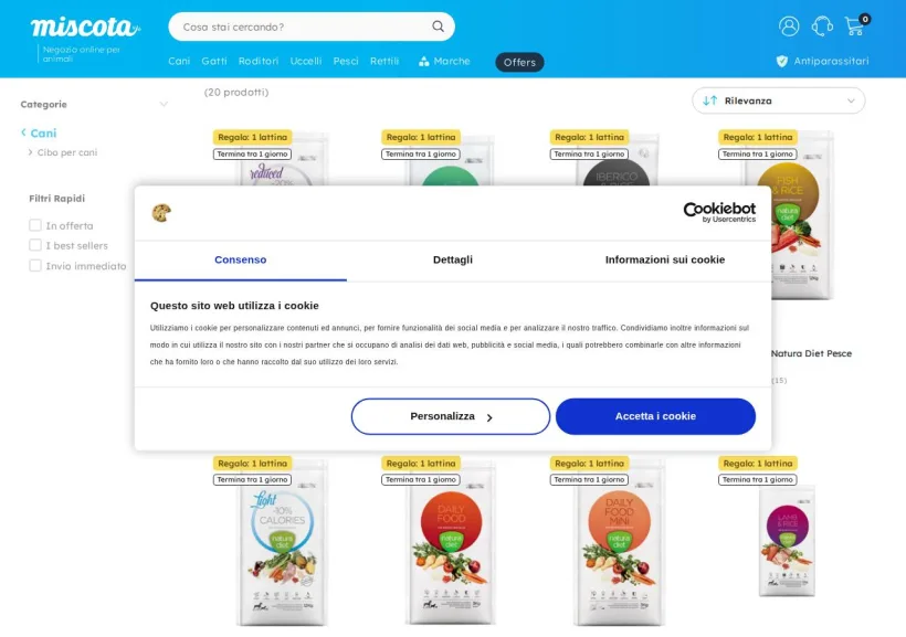 Schermata della pagina offerta di Miscota