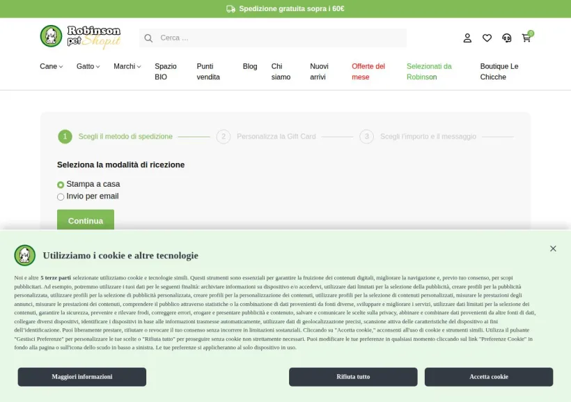 Schermata della pagina offerta di Robinson Pet Shop
