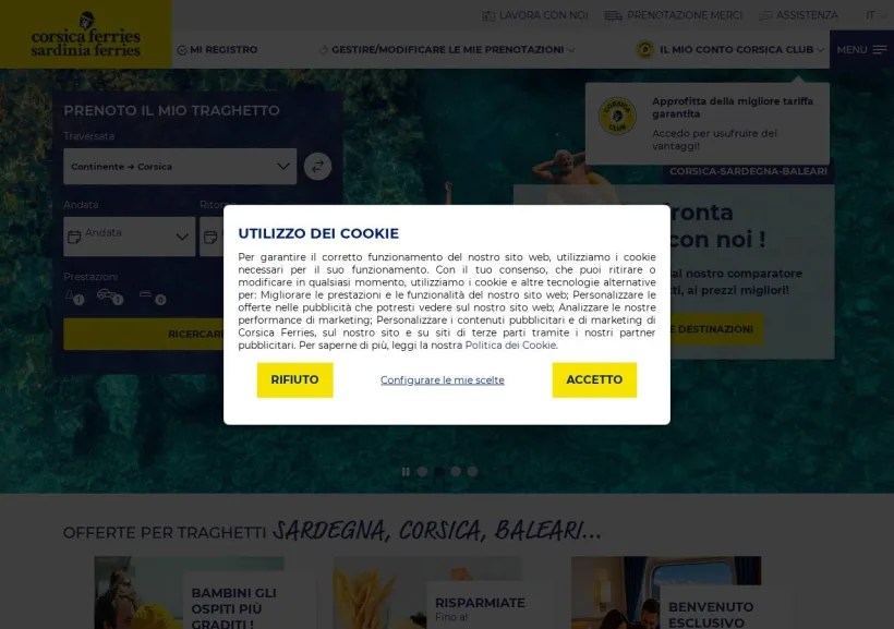 Schermata della pagina offerta di Corsica Ferries