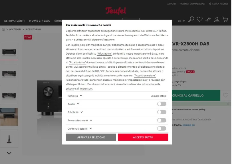Schermata della pagina offerta di Teufel