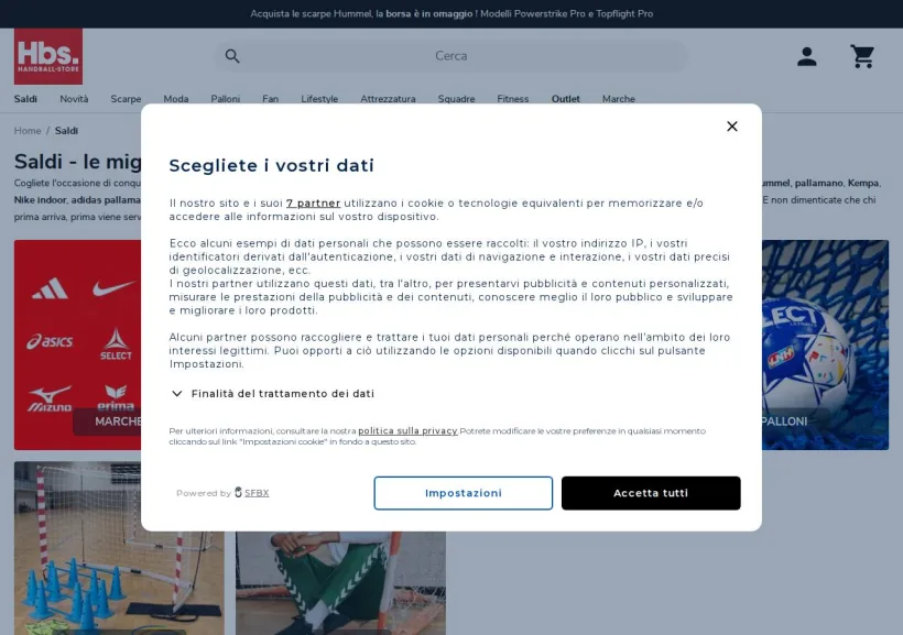 Schermata della pagina offerta di Handball-Store