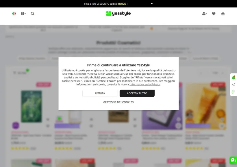 Schermata della pagina offerta di YesStyle