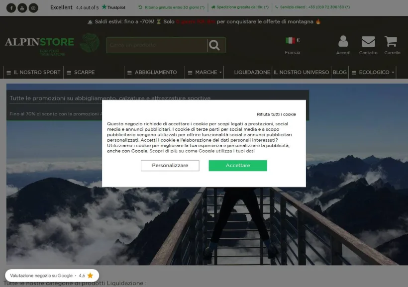 Schermata della pagina offerta di Alpinstore