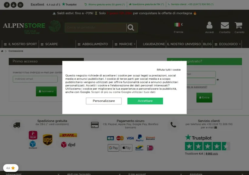 Schermata della pagina offerta di Alpinstore