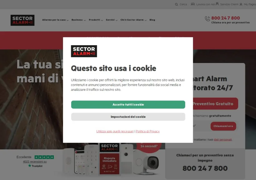 Schermata della pagina offerta di Sector Alarm