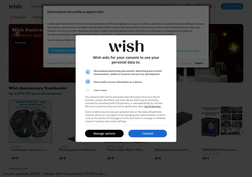 Schermata della pagina offerta di Wish