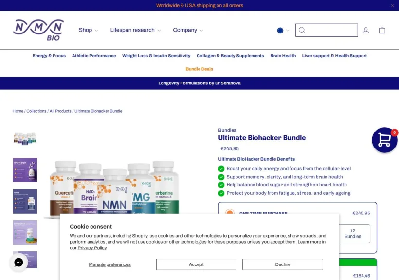 Schermata della pagina offerta di NMN Bio
