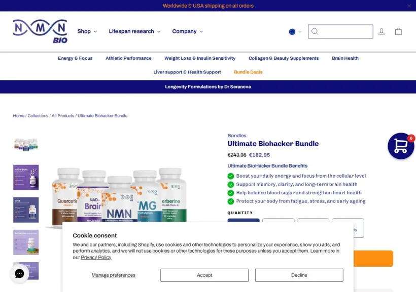 Schermata della pagina offerta di NMN Bio