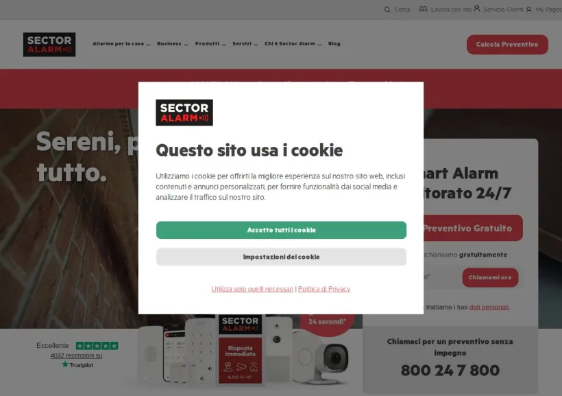 Schermata della pagina offerta di Sector Alarm