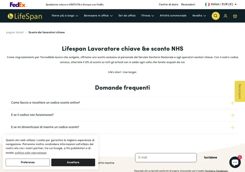 Schermata della pagina offerta di Lifespan Europe