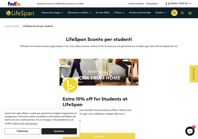 Schermata della pagina offerta di Lifespan Europe