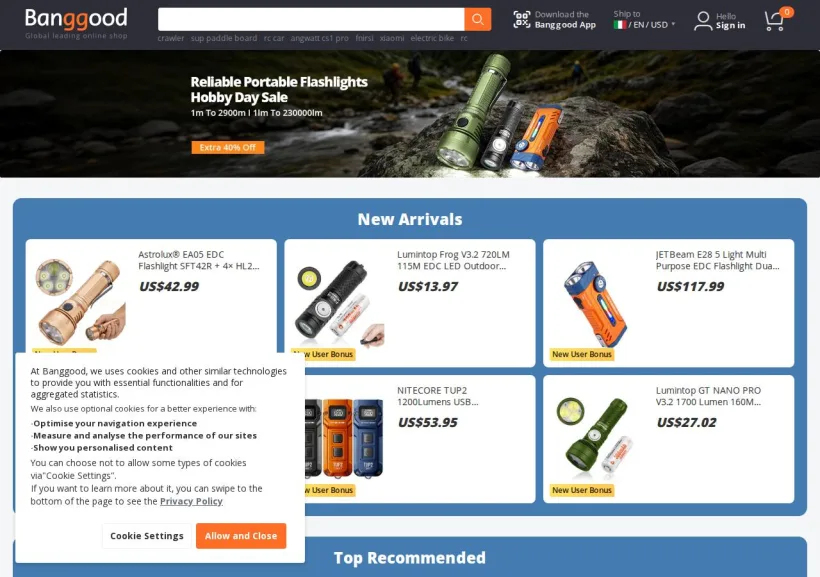 Schermata della pagina offerta di Banggood CJ Affiliate Program