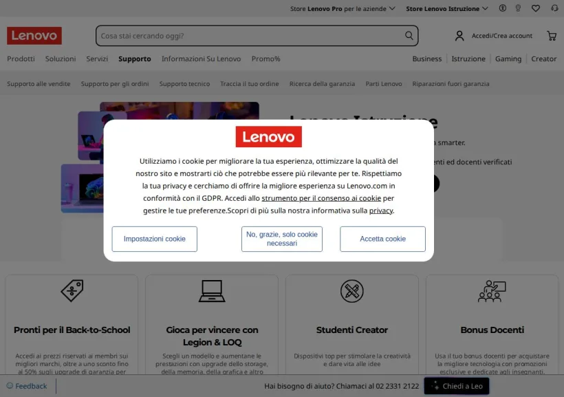 Schermata della pagina offerta di Lenovo