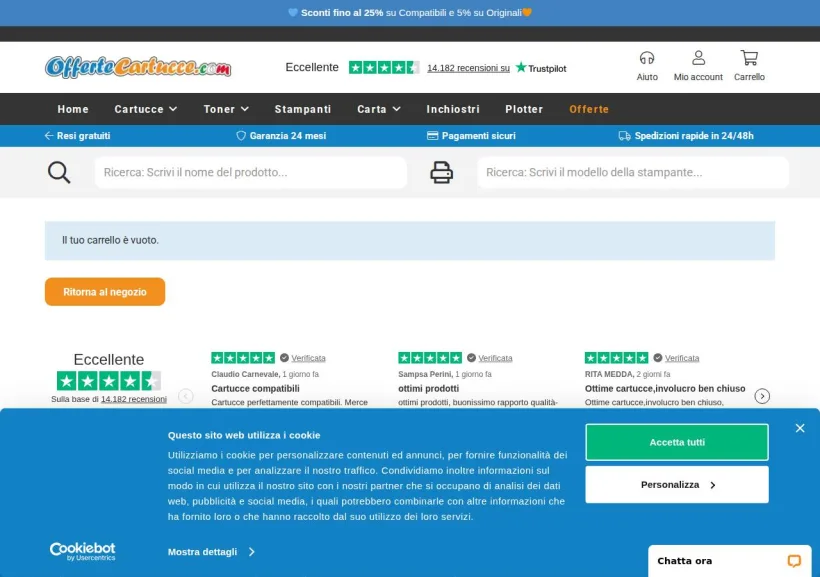 Schermata della pagina offerta di OfferteCartucce