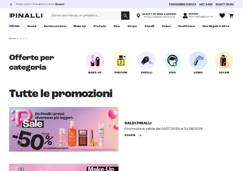 Schermata della pagina offerta di Pinalli 