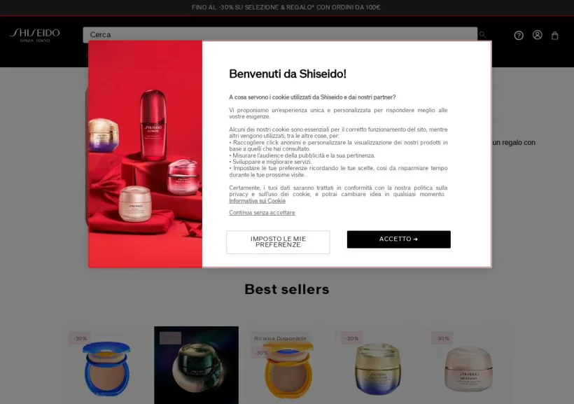 Schermata della pagina offerta di Shiseido