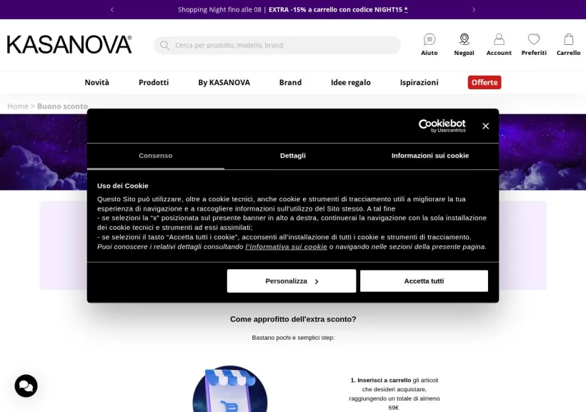 Schermata della pagina offerta di Kasanova