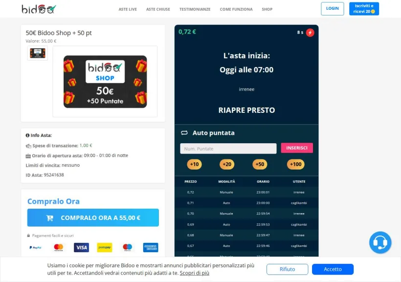 Schermata della pagina offerta di Bidoo