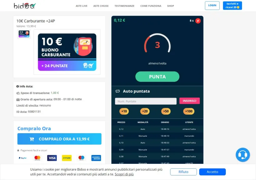 Schermata della pagina offerta di Bidoo