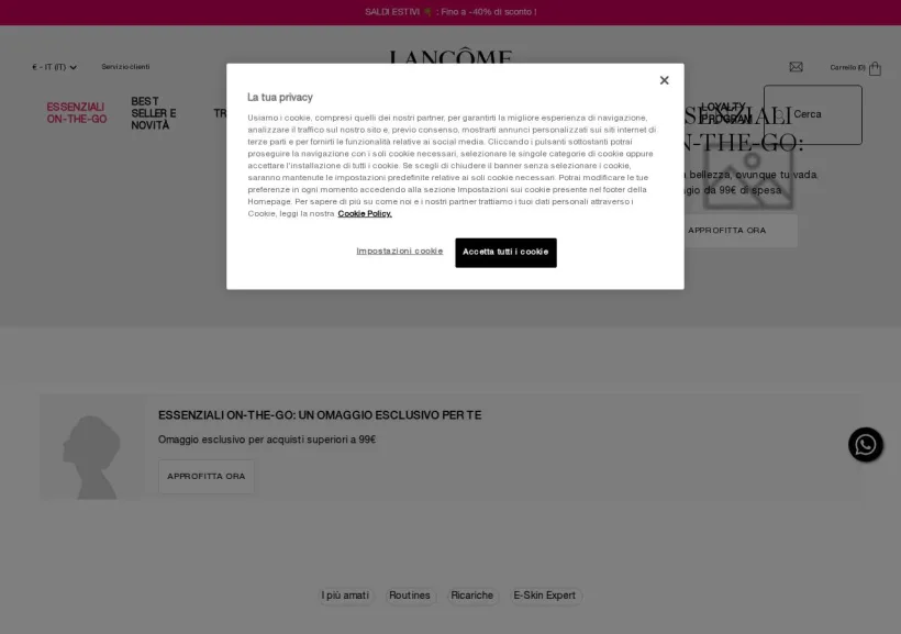 Schermata della pagina offerta di Lancome 