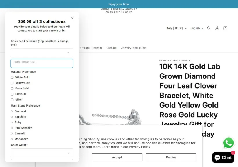 Schermata della pagina offerta di Ophelia Eternity Jewelry