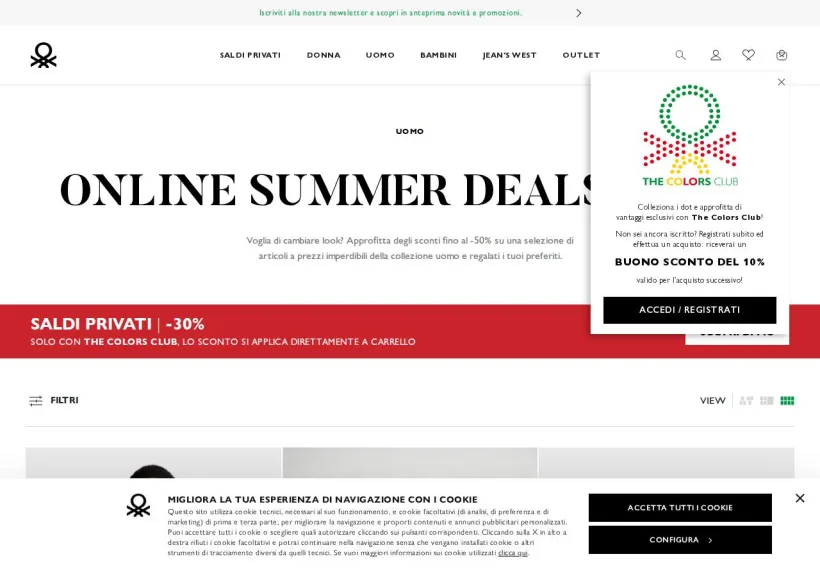 Schermata della pagina offerta di Benetton 