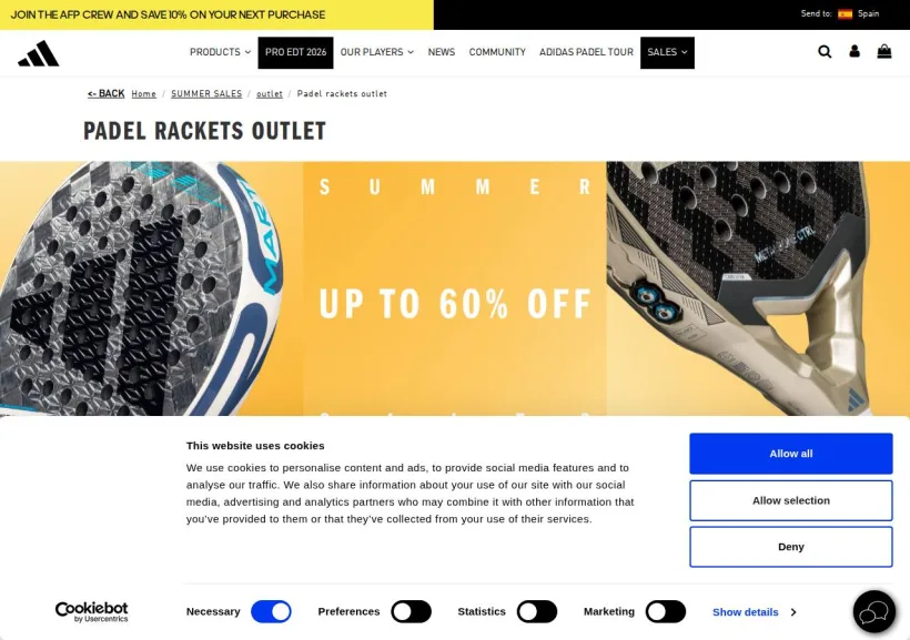 Schermata della pagina offerta di adidas Padel
