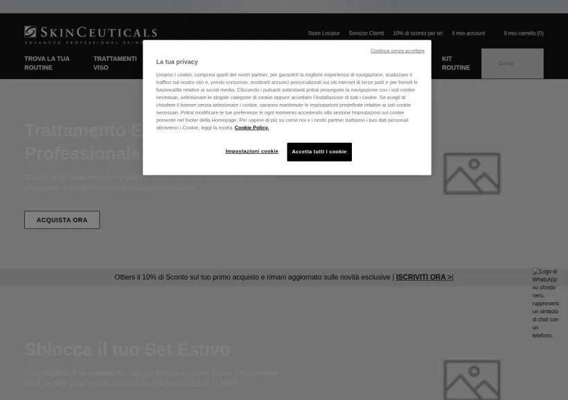 Schermata della pagina offerta di Skinceuticals