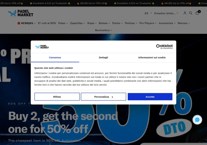 Schermata della pagina offerta di Padel Market