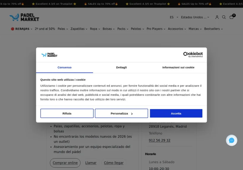 Schermata della pagina offerta di Padel Market