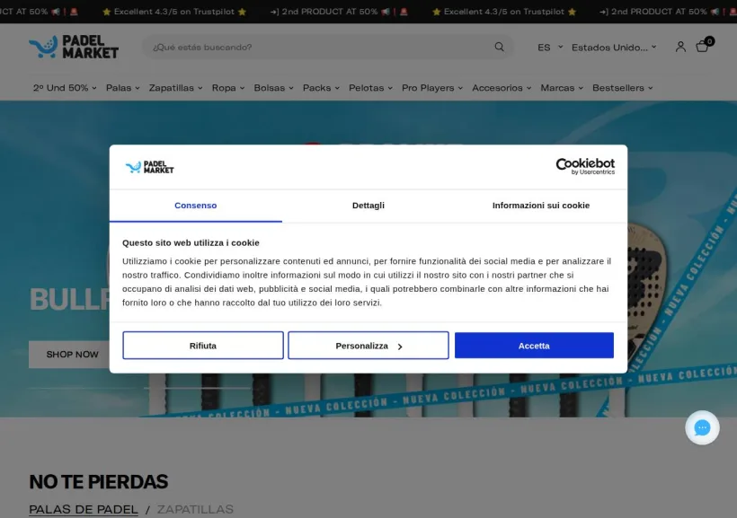 Schermata della pagina offerta di Padel Market