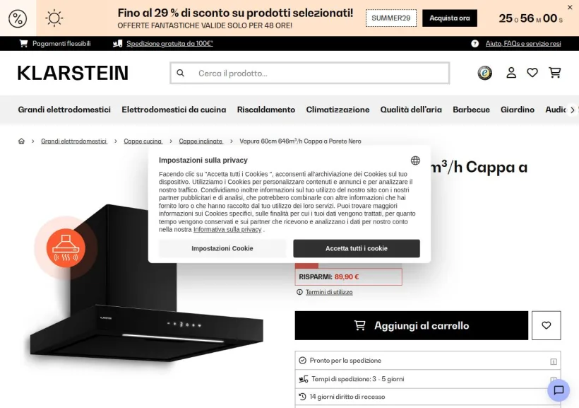 Schermata della pagina offerta di Klarstein