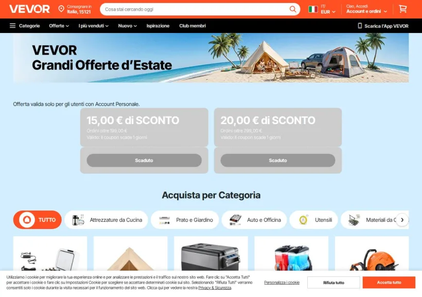Schermata della pagina offerta di Vevor