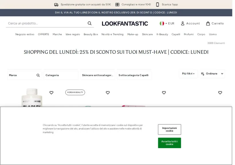 Schermata della pagina offerta di Look Fantastic