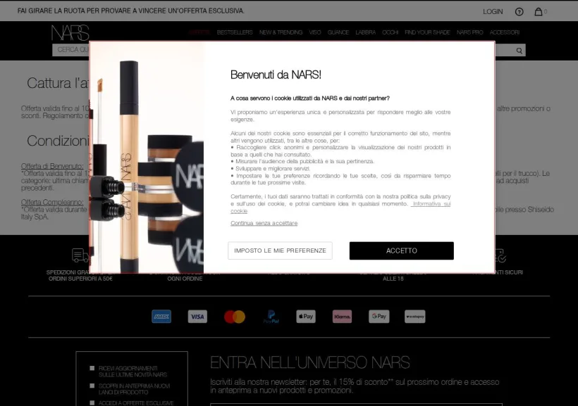 Schermata della pagina offerta di NARS
