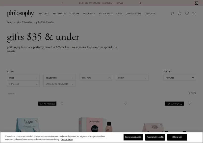 Schermata della pagina offerta di Philosophy