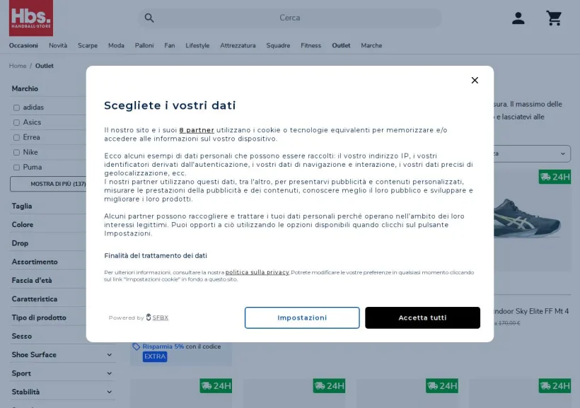 Schermata della pagina offerta di Handball-Store