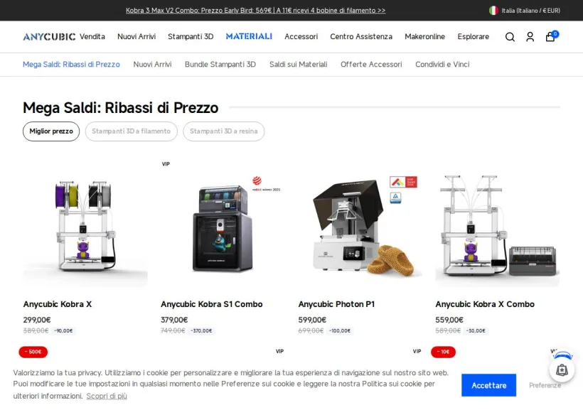 Schermata della pagina offerta di Anycubic